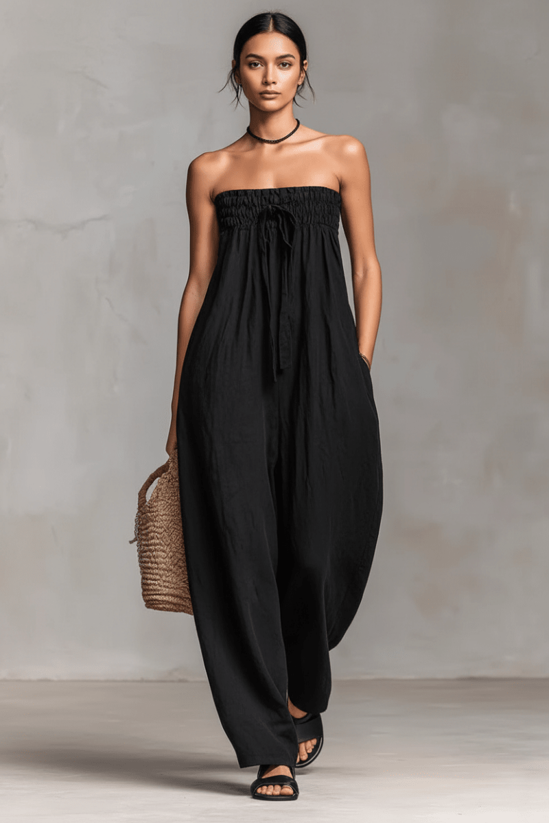 Strapless Ruched Jumpsuit – Straight Leg, Black & White - @BlackWhite