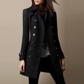 Lifestyle shot highlighting the black wool double-breasted overcoat's button details and elegant design.