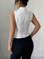 Back view of the white slim fit shirt with a striped pattern, showcasing a classic collar.