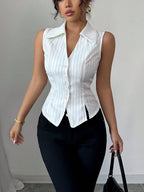 Close-up detail of the white slim fit shirt highlighting the striped pattern, perfect for a minimalist outfit.