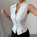 Front view of the white slim fit shirt featuring a striped pattern, chic and elegant style.