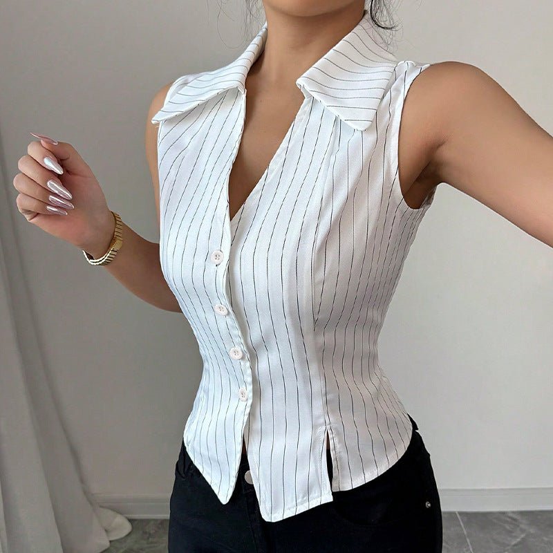 Front view of the white slim fit shirt featuring a striped pattern, chic and elegant style.