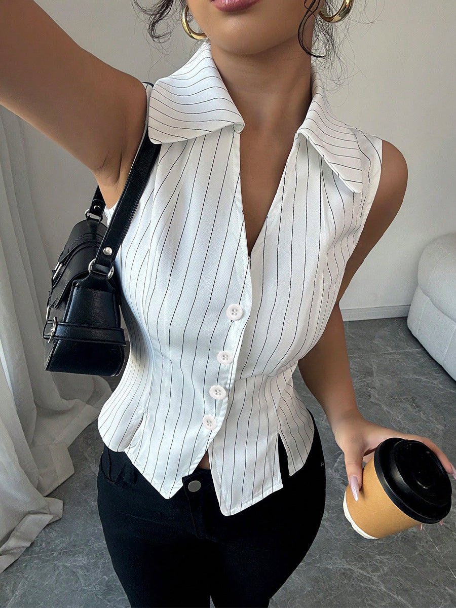 Lifestyle shot of the white slim fit shirt paired with black pants, ideal for a casual chic look.