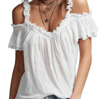 Front view of the white off-shoulder blouse showcasing ruffled sleeves, perfect for a chic summer outfit.