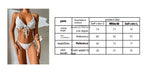 Packaging view of the white backless bikini set, including size chart and product details.