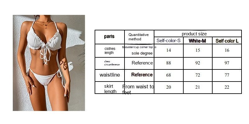 Packaging view of the white backless bikini set, including size chart and product details.