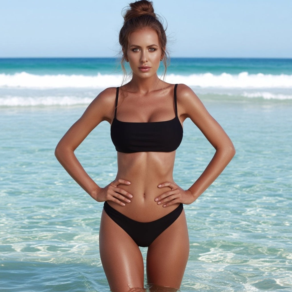 Black tube top bikini swimsuit with high-waisted bottom in lifestyle setting, stylish and modern look.