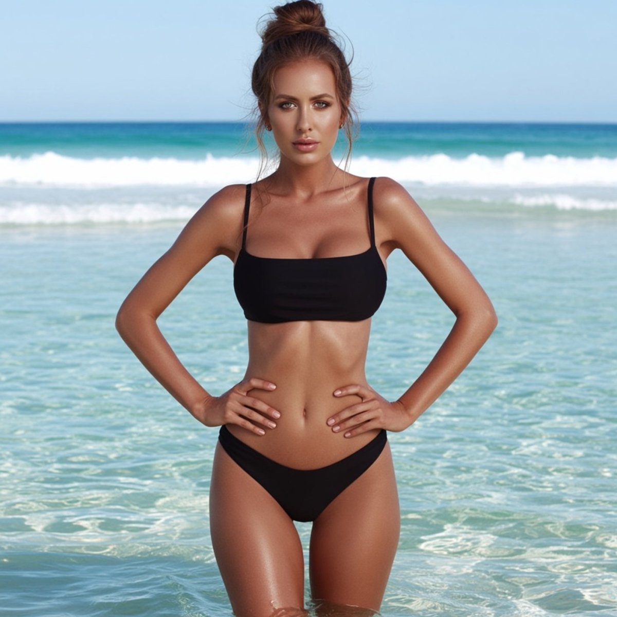 Black tube top bikini swimsuit with high-waisted bottom in lifestyle setting, stylish and modern look.