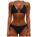 Front view of the black tie bikini two-piece swimsuit set with adjustable straps and a triangle top.
