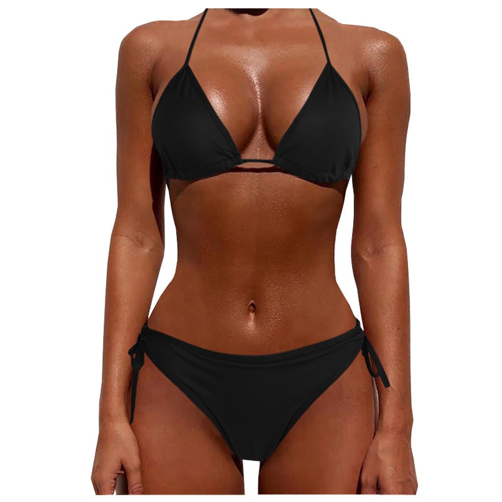 Front view of the black tie bikini two-piece swimsuit set with adjustable straps and a triangle top.