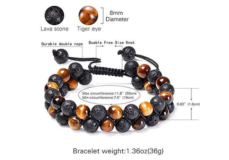 Packaging shot of black and orange beaded bracelet, showcasing size information and design.