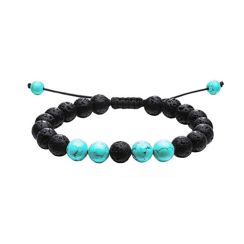 Detail of bracelet with turquoise beads and adjustable closure, stylish geometric design.