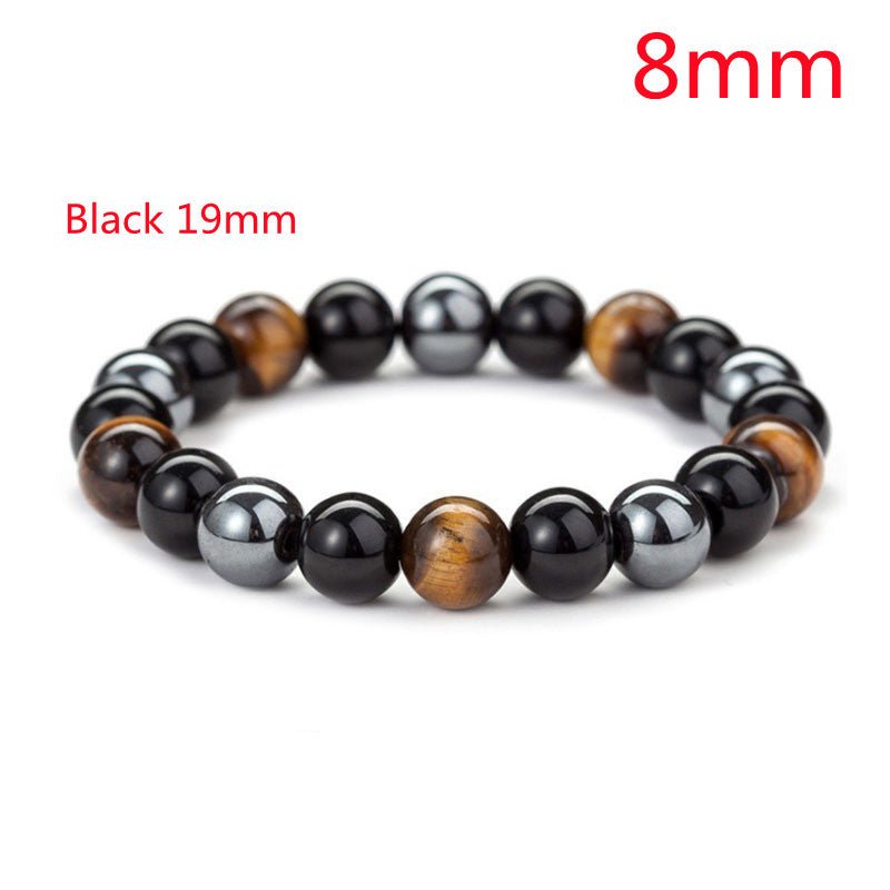 Detail close-up of a tiger eye stone bracelet highlighting its beaded design.