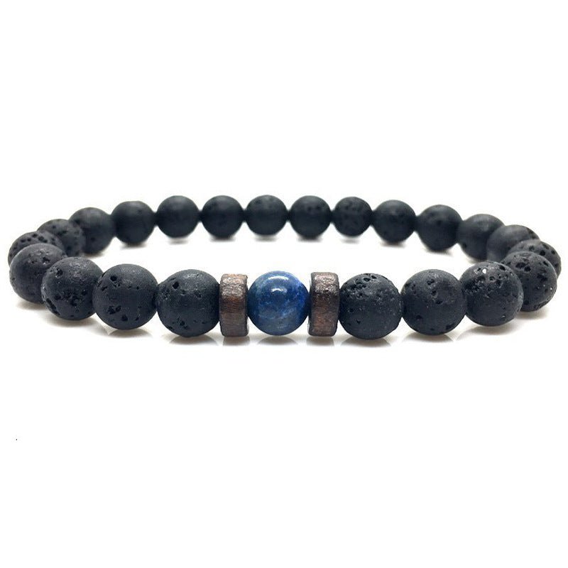 Tiger Eye Stone Bracelet with black and blue beads on a white background