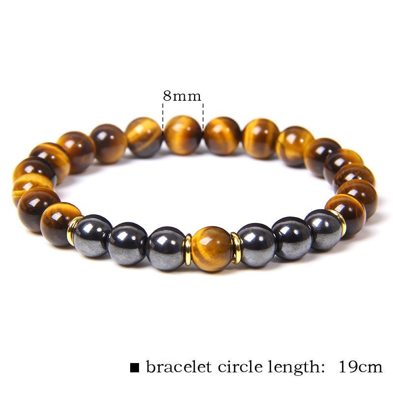 Tiger Eye Stone Bracelet with brown and gold beads on a white background