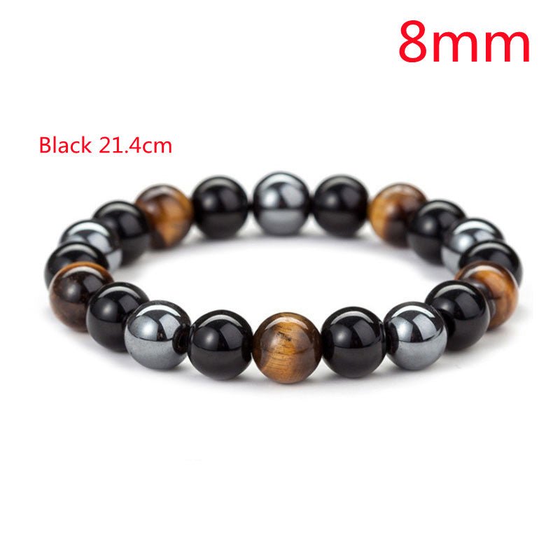 Detail close-up of a tiger eye stone bracelet showcasing its natural stone and beaded design.