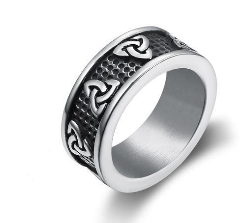 Detail close-up of the silver Celtic symbol ring showcasing its intricate design.