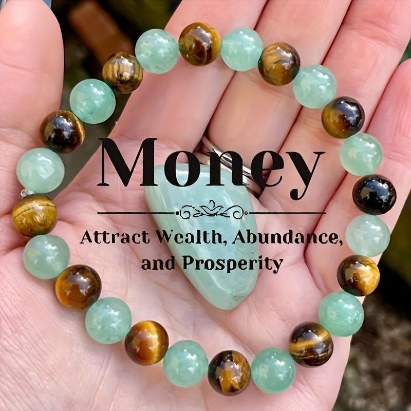 Lifestyle shot of the citrine malachite bracelet with text overlay, showcasing natural stone features.
