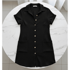 V-Neck A-Line Cotton Linen Shirt Dress | Black & White - @BlackWhite