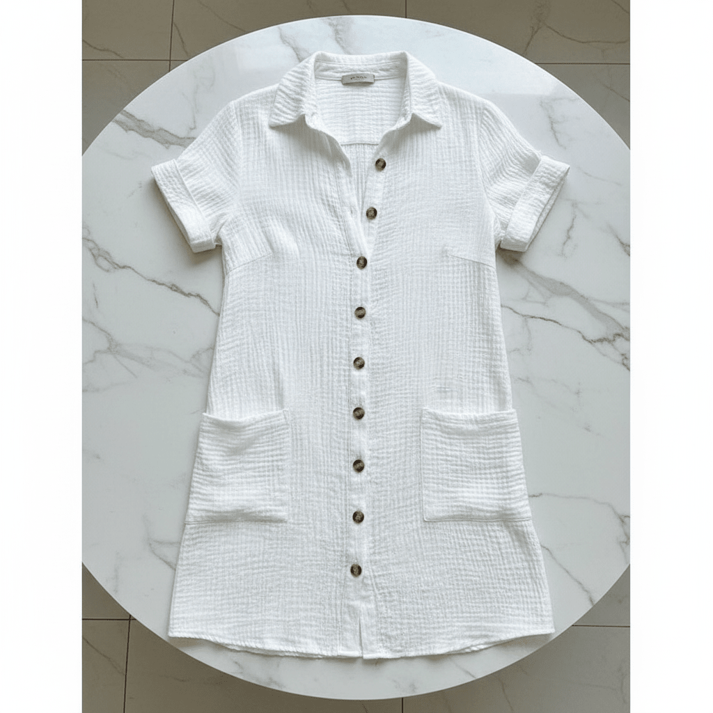 V-Neck A-Line Cotton Linen Shirt Dress | Black & White - @BlackWhite