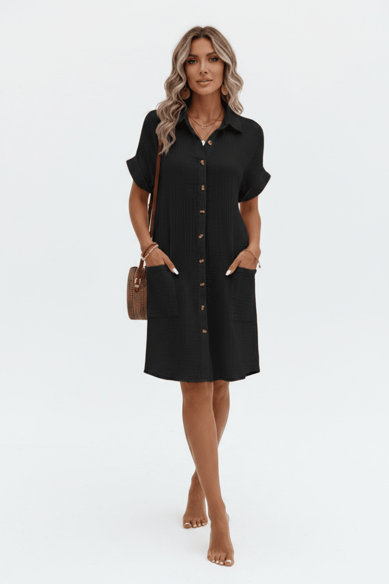V-Neck A-Line Cotton Linen Shirt Dress | Black & White - @BlackWhite