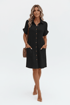 V-Neck A-Line Cotton Linen Shirt Dress | Black & White - @BlackWhite