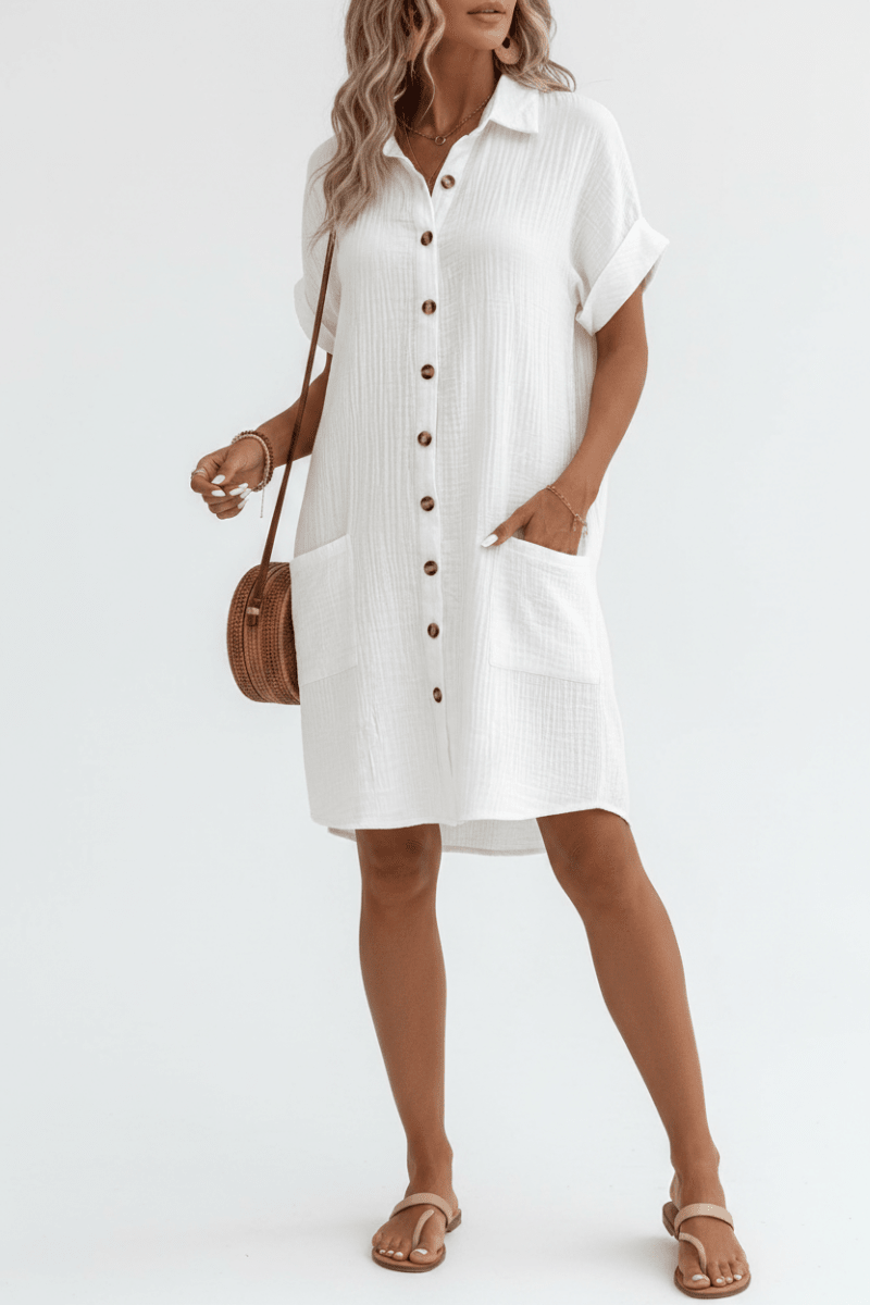 V-Neck A-Line Cotton Linen Shirt Dress | Black & White - @BlackWhite