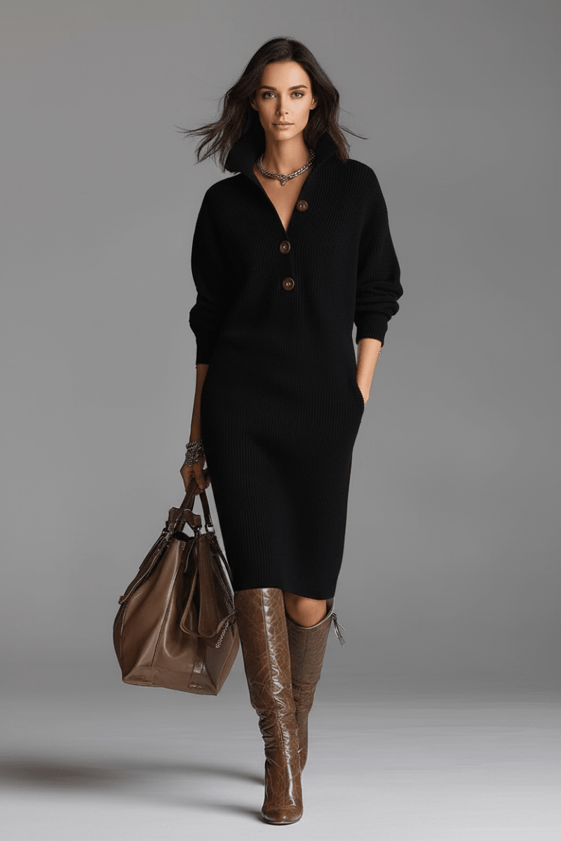 V-Neck Button Sweater Dress – Cosy Loose-Fit Winter Style - @BlackWhite