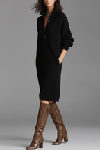 V-Neck Button Sweater Dress – Cosy Loose-Fit Winter Style - @BlackWhite