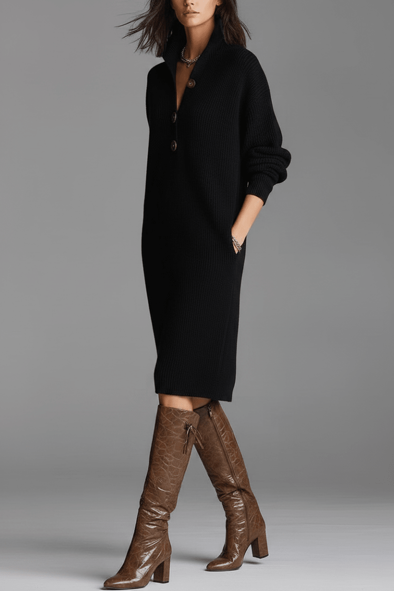 V-Neck Button Sweater Dress – Cosy Loose-Fit Winter Style - @BlackWhite