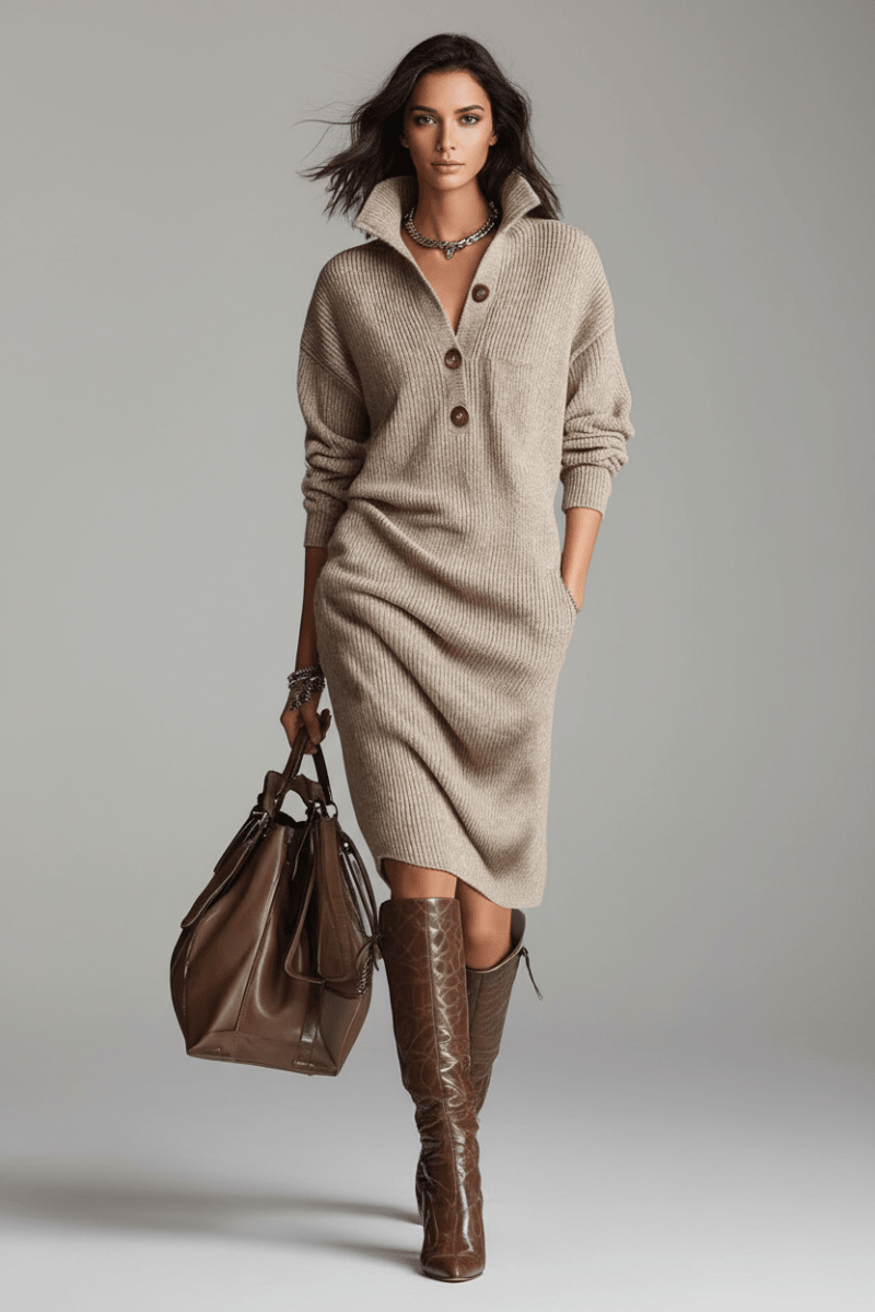 V-Neck Button Sweater Dress – Cosy Loose-Fit Winter Style - @BlackWhite
