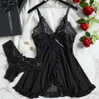 Detail close-up of the black lace camisole set showcasing adjustable straps and delicate lace design.