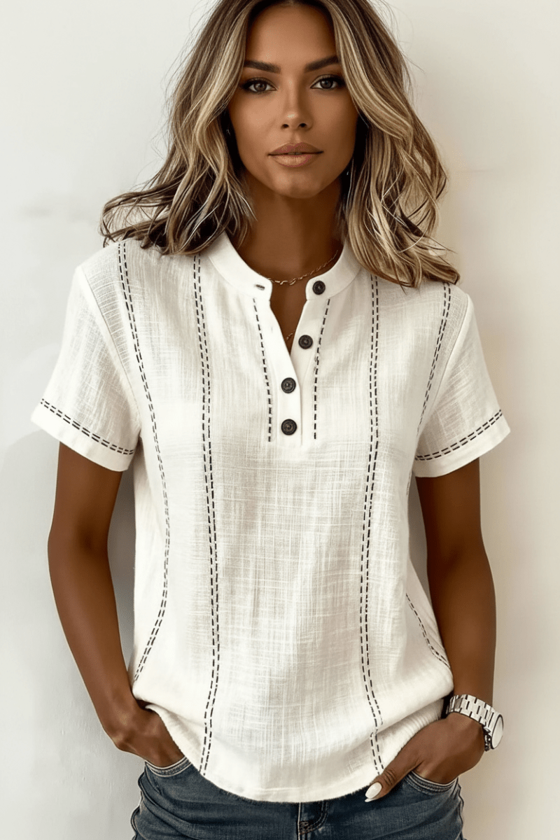V-Neck Short Sleeve Blouse in Black & White – Minimal - @BlackWhite