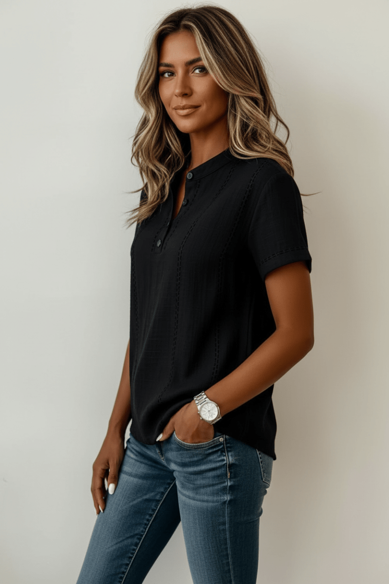 V-Neck Short Sleeve Blouse in Black & White – Minimal - @BlackWhite