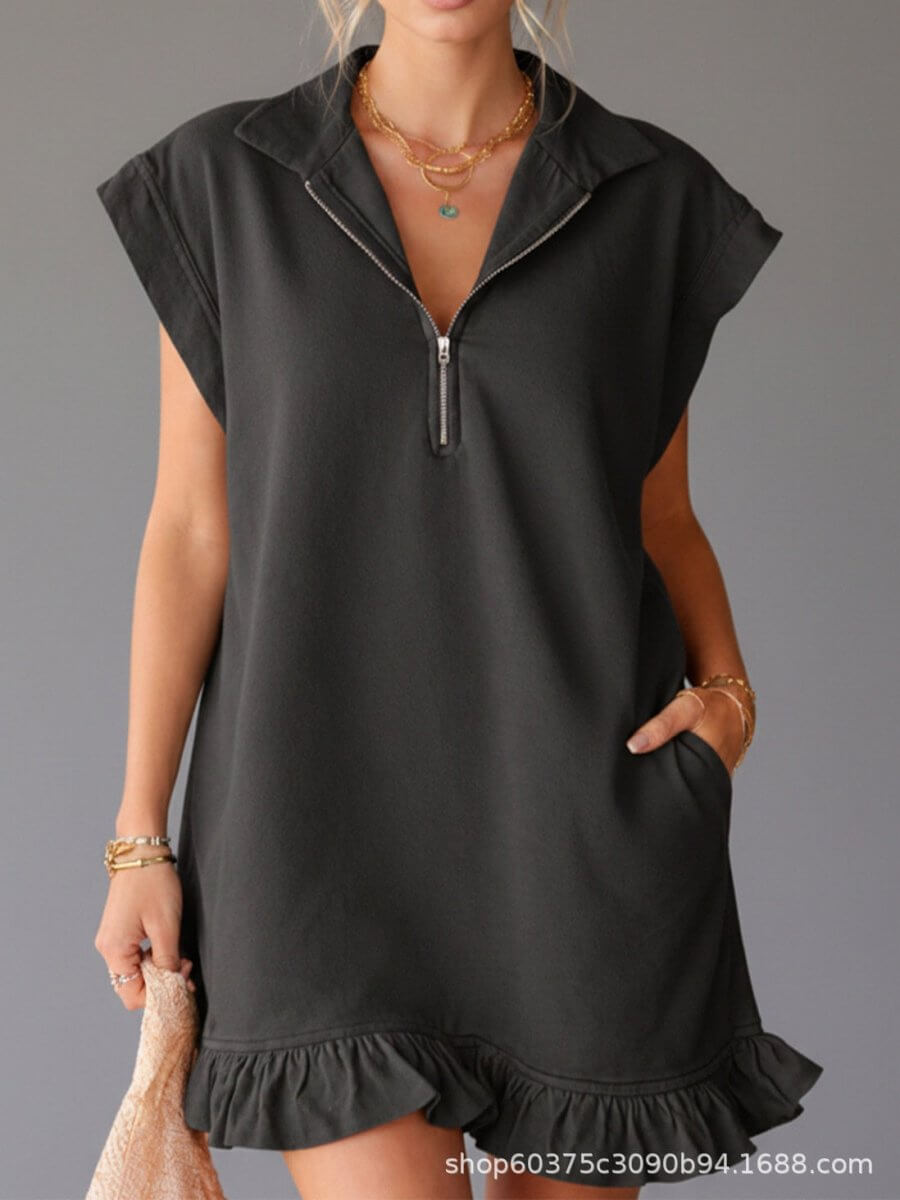 Stylish dark gray sleeveless dress with v-neck and pockets, displayed in a studio environment.