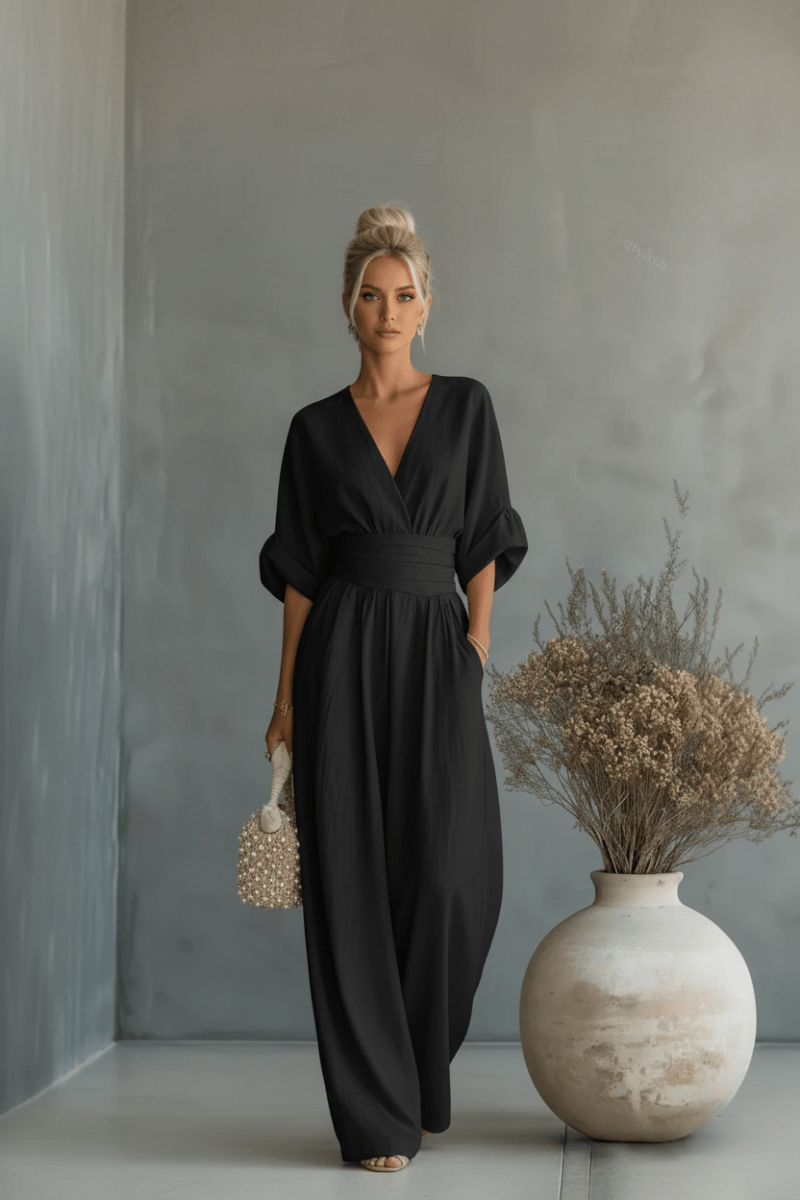 V-Neck Wide Leg Jumpsuit – Elegant Black & White - @BlackWhite