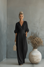 V-Neck Wide Leg Jumpsuit – Elegant Black & White - @BlackWhite