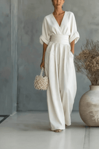 V-Neck Wide Leg Jumpsuit – Elegant Black & White - @BlackWhite