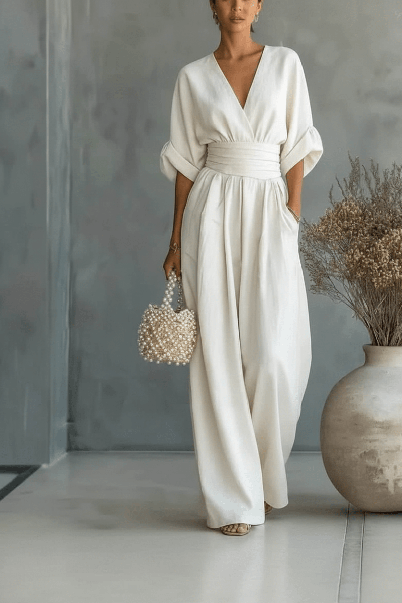 V-Neck Wide Leg Jumpsuit – Elegant Black & White - @BlackWhite