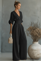 V-Neck Wide Leg Jumpsuit – Elegant Black & White - @BlackWhite