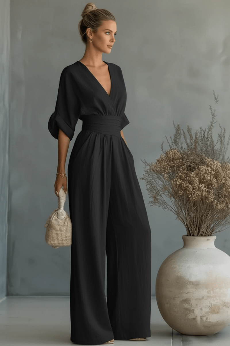 V-Neck Wide Leg Jumpsuit – Elegant Black & White - @BlackWhite