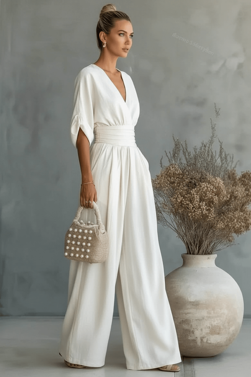 V-Neck Wide Leg Jumpsuit – Elegant Black & White - @BlackWhite