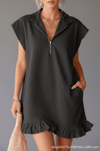 V-Neck Zip Mini Dress with Pockets – 3 Colors - @BlackWhite
