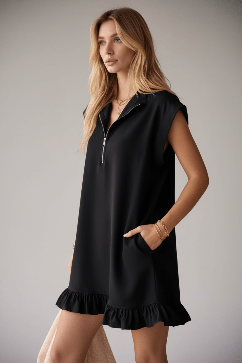 V-Neck Zip Mini Dress with Pockets – 3 Colors - @BlackWhite