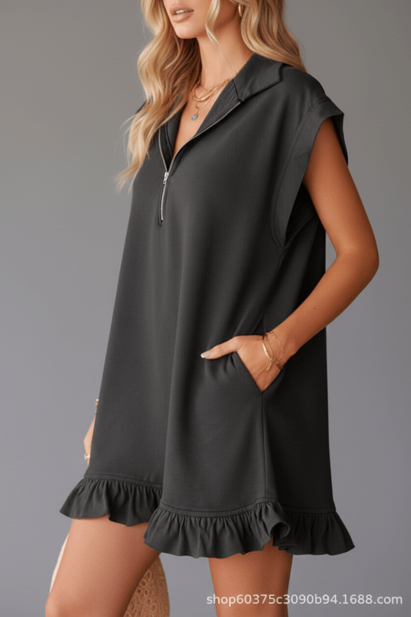 V-Neck Zip Mini Dress with Pockets – 3 Colors - @BlackWhite