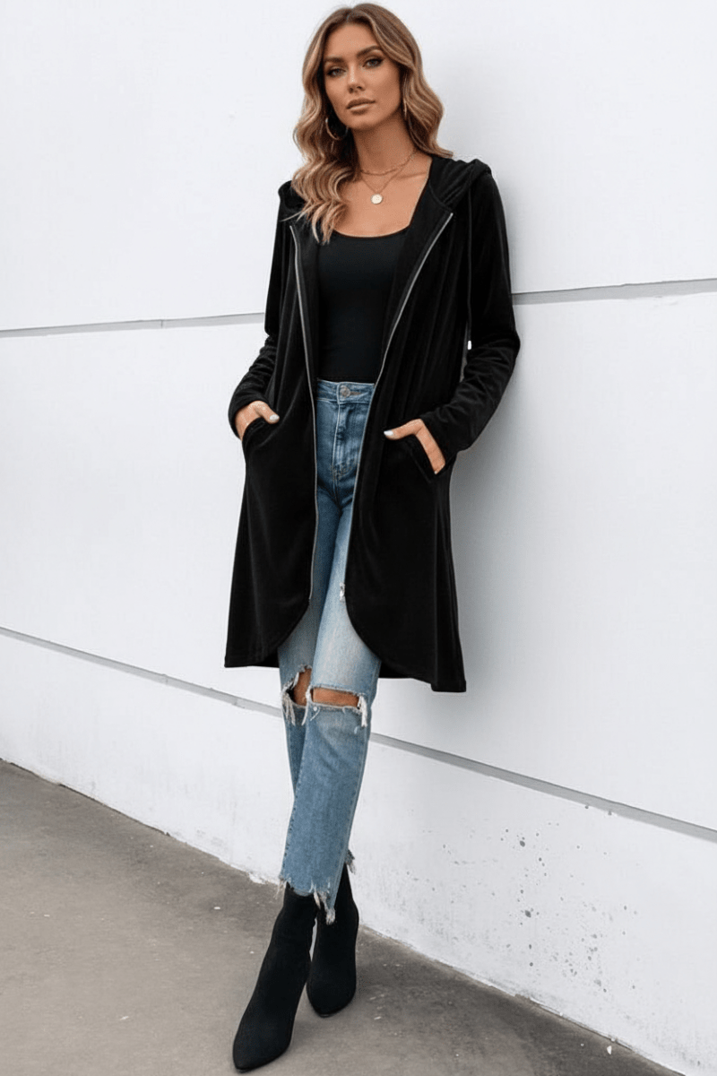 Velvet-Lined Zip Hoodie for Women – Black & White - @BlackWhite