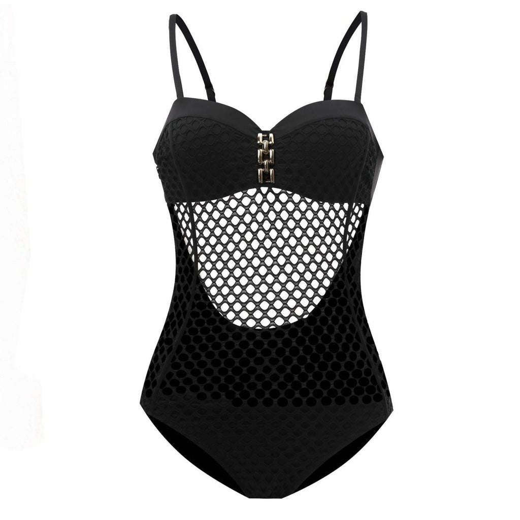 Detail of the orange swimsuit featuring a mesh panel and adjustable straps on a white background.