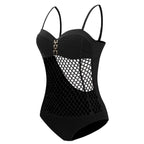 Close-up detail of the orange swimsuit with a mesh panel and adjustable straps on a white background.