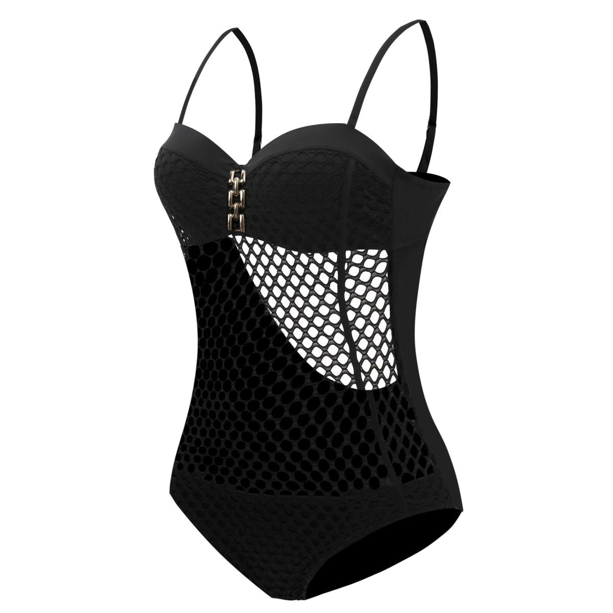 Close-up detail of the orange swimsuit with a mesh panel and adjustable straps on a white background.