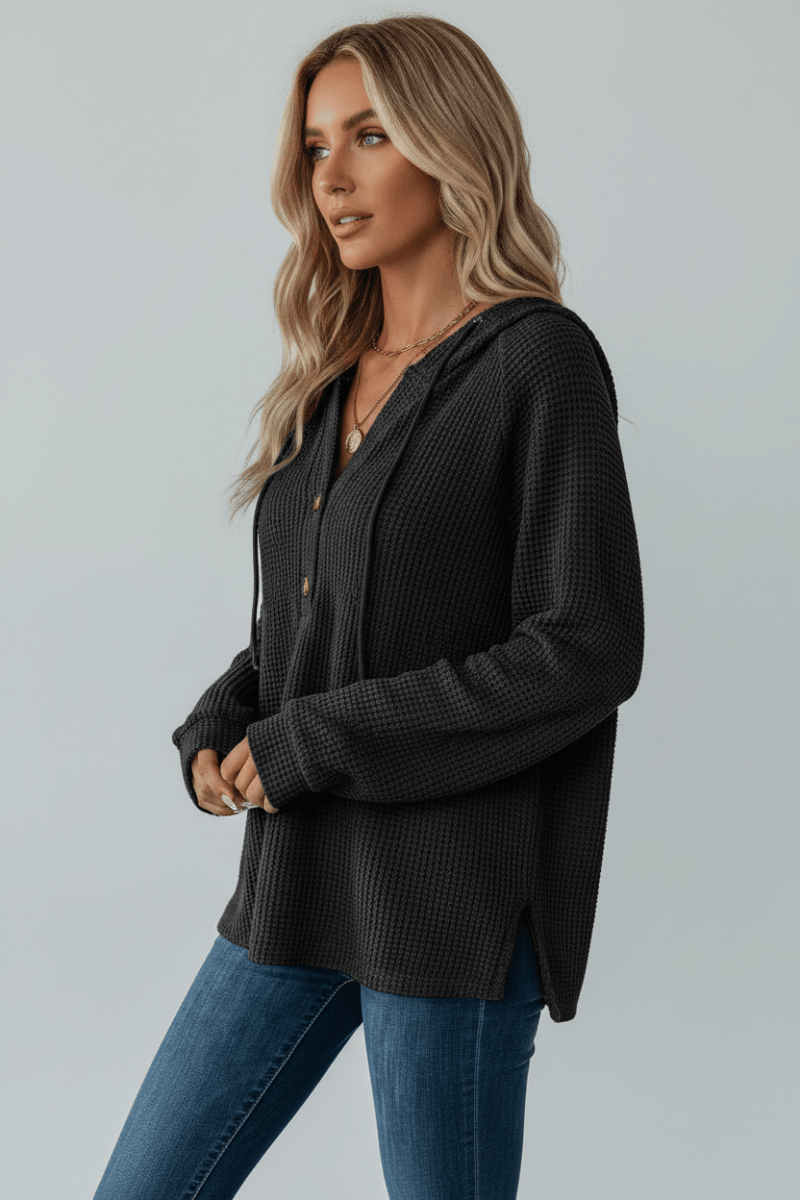 Waffle Knit Hooded Pullover Sweater – Black & White - @BlackWhite
